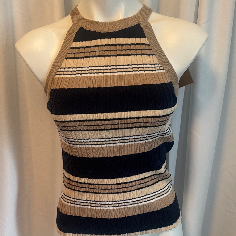 Elegant Striped Halter Top - Black, Tan, and White